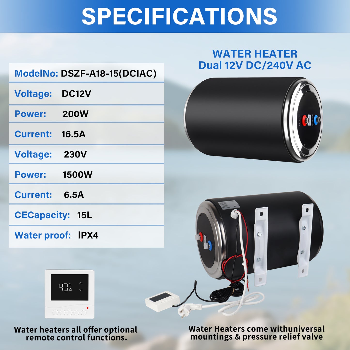 Dual Power Water Heater, 12V DC 200W/230V AC 1500W, 10L, for Caravan Camping UK Plug 230v RV Tank Water Heater, Instant for RV, for Camper with Double Power Supply & Remote Controller