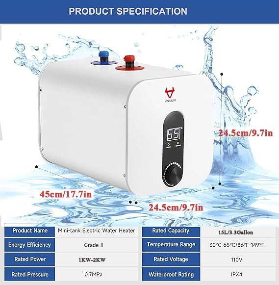 Electric Water Heater Smart 3.3 Gallon Point of Use Hot Water Heaters 120V