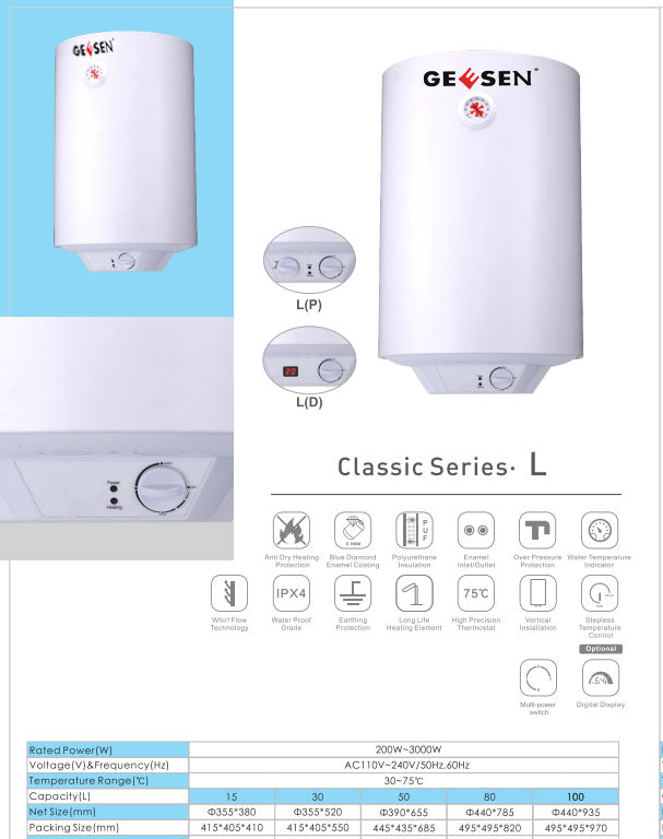 Geesen Storage RV TR Indoor Waterproof Electric Tank On Demand Hot Water Heater(8 Gallon)