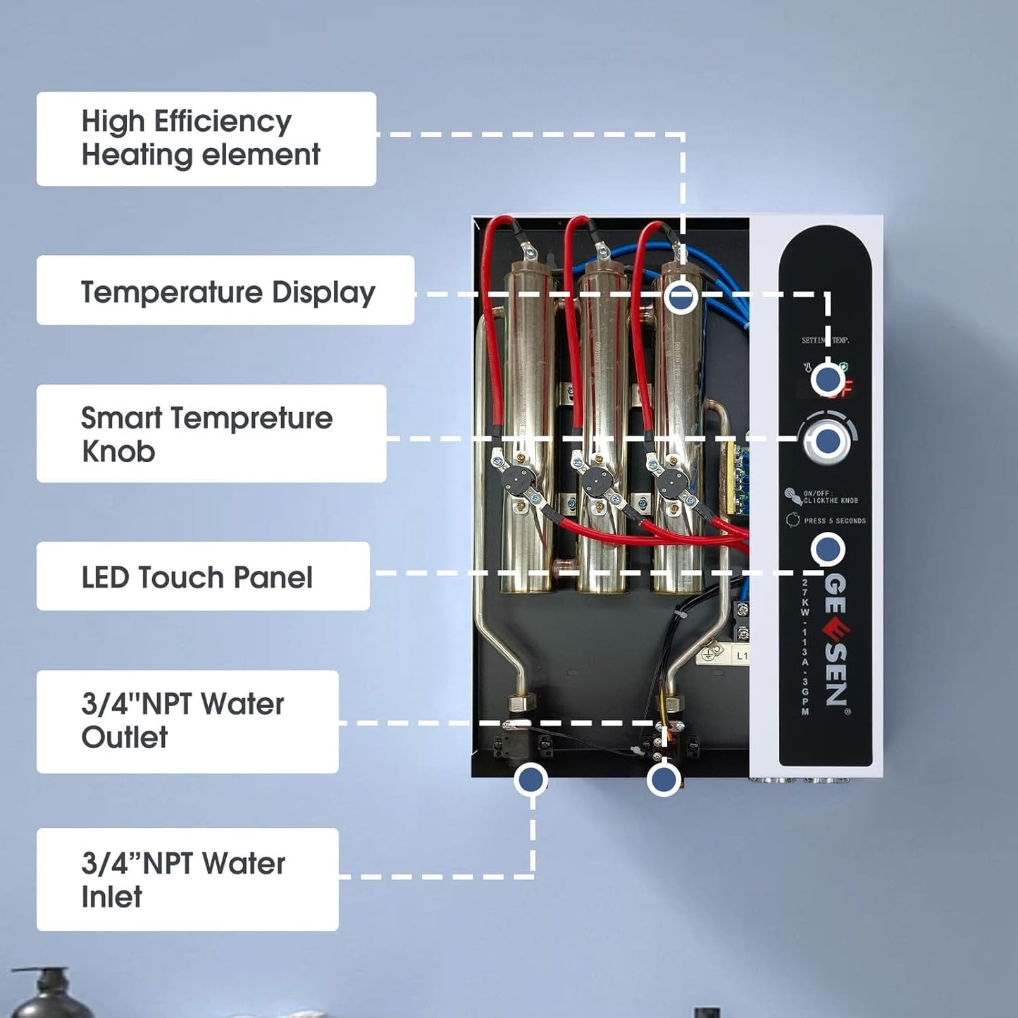 Geesen 27 KW Tankless Water Heater Electric, Instant On Demand Endless Hot Water Heater 240V