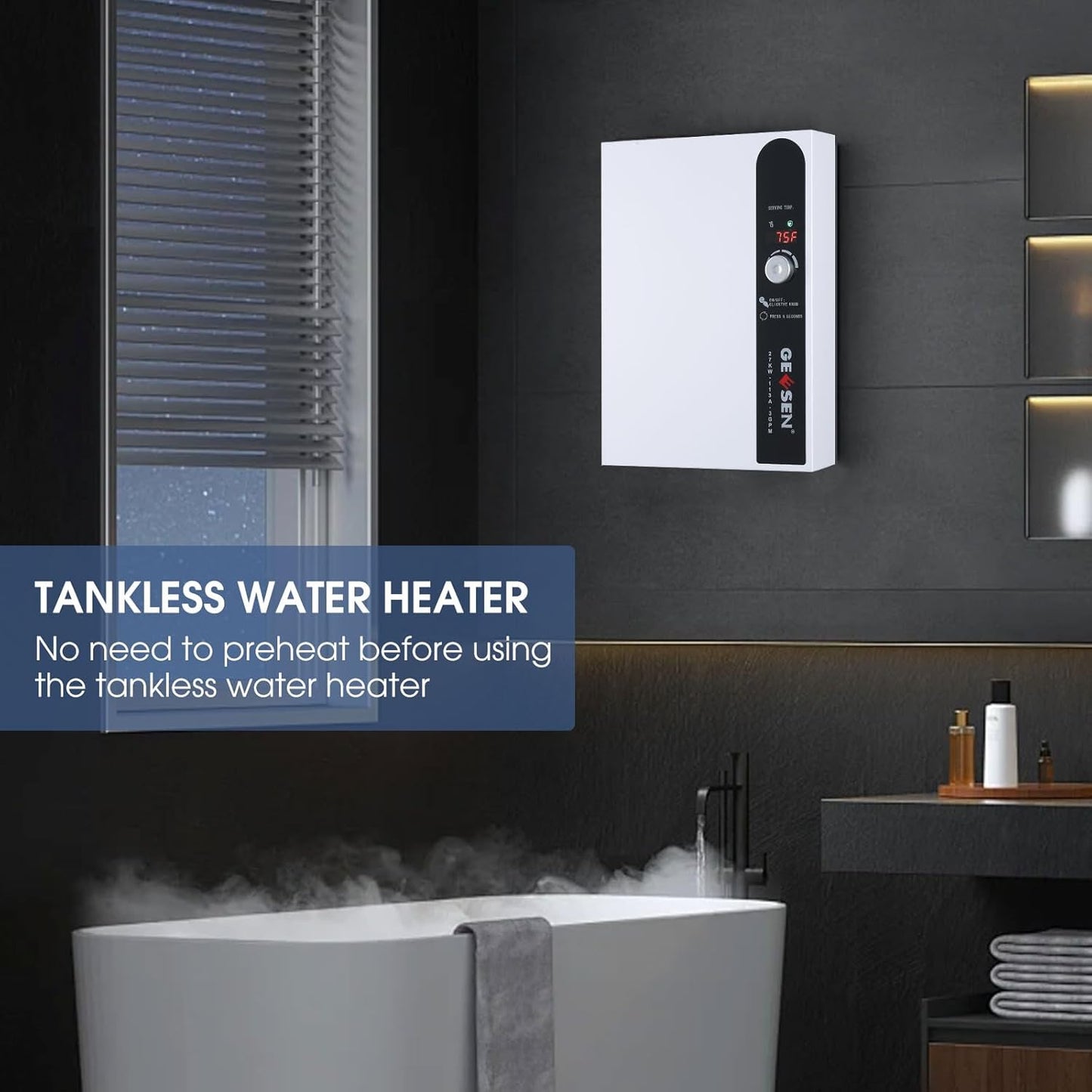 Geesen 27 KW Tankless Water Heater Electric, Instant On Demand Endless Hot Water Heater 240V