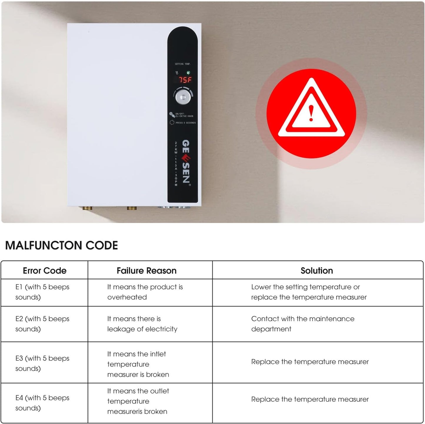 Geesen 27 KW Tankless Water Heater Electric, Instant On Demand Endless Hot Water Heater 240V