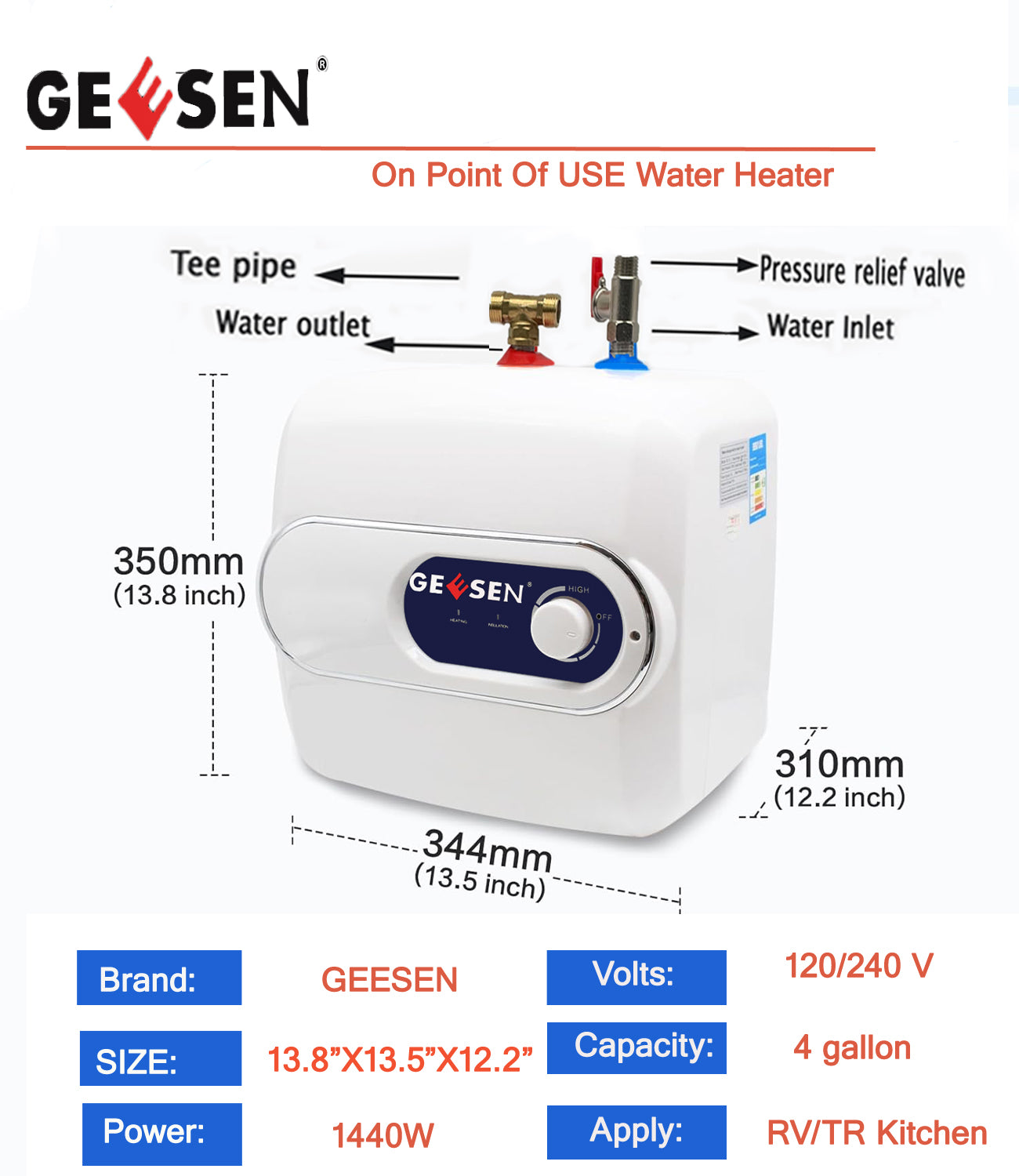 Geesen Under Sink Tank Electric Water Heater 1.5Kw(4 Gallon/120V)