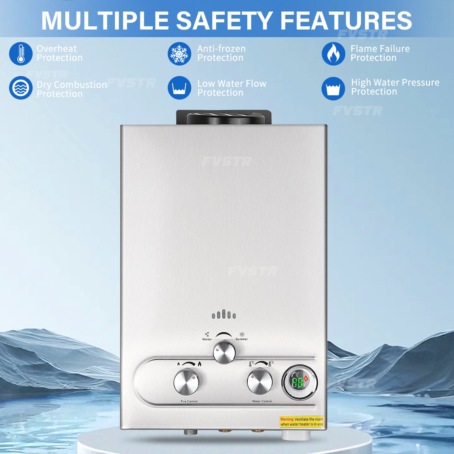 Tankless Water Heater Propane, 1.6GPM 6L Portable Instant Hot Water Heater, Outdoor Use for RV, Camper Van, Camping Trailer, Cabin, Barn, Pool, Sliver